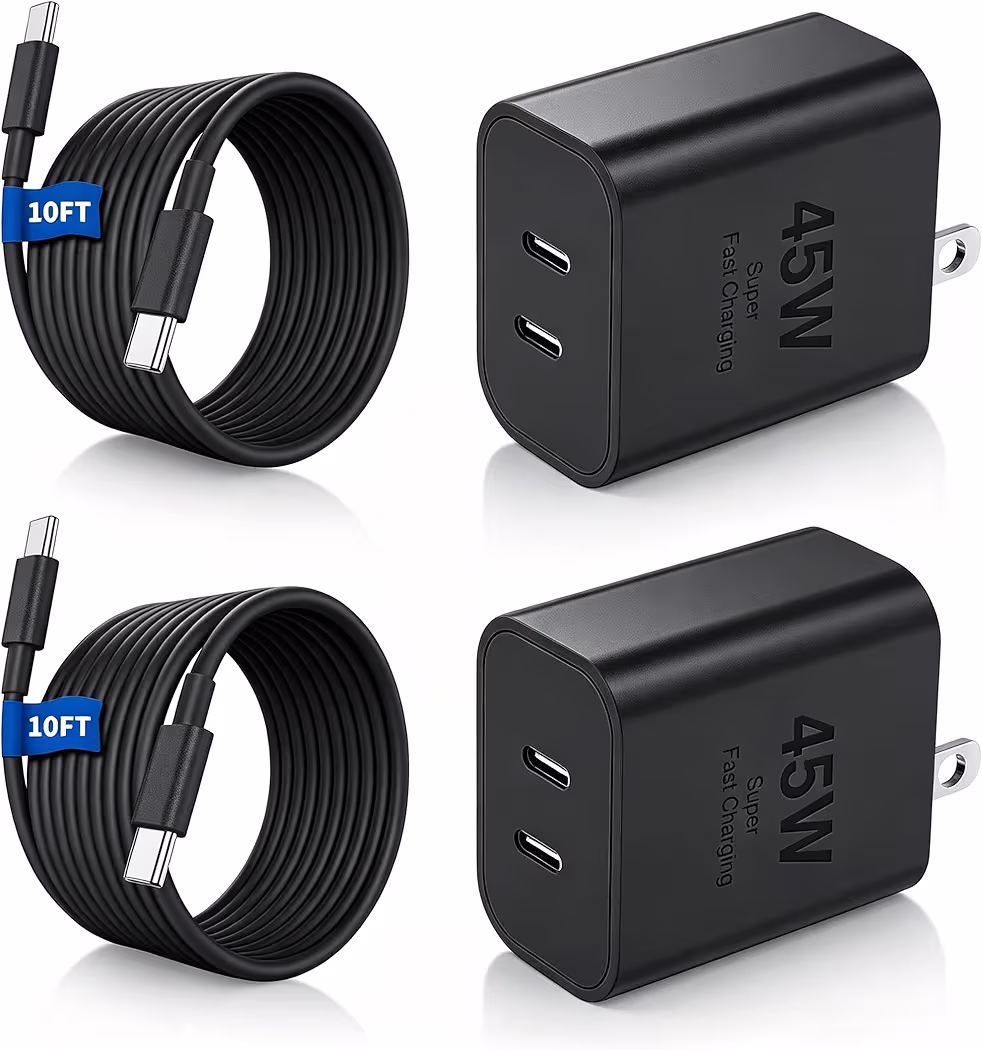 Dual port 45W charger charging Galaxy S26 Ultra and earbuds