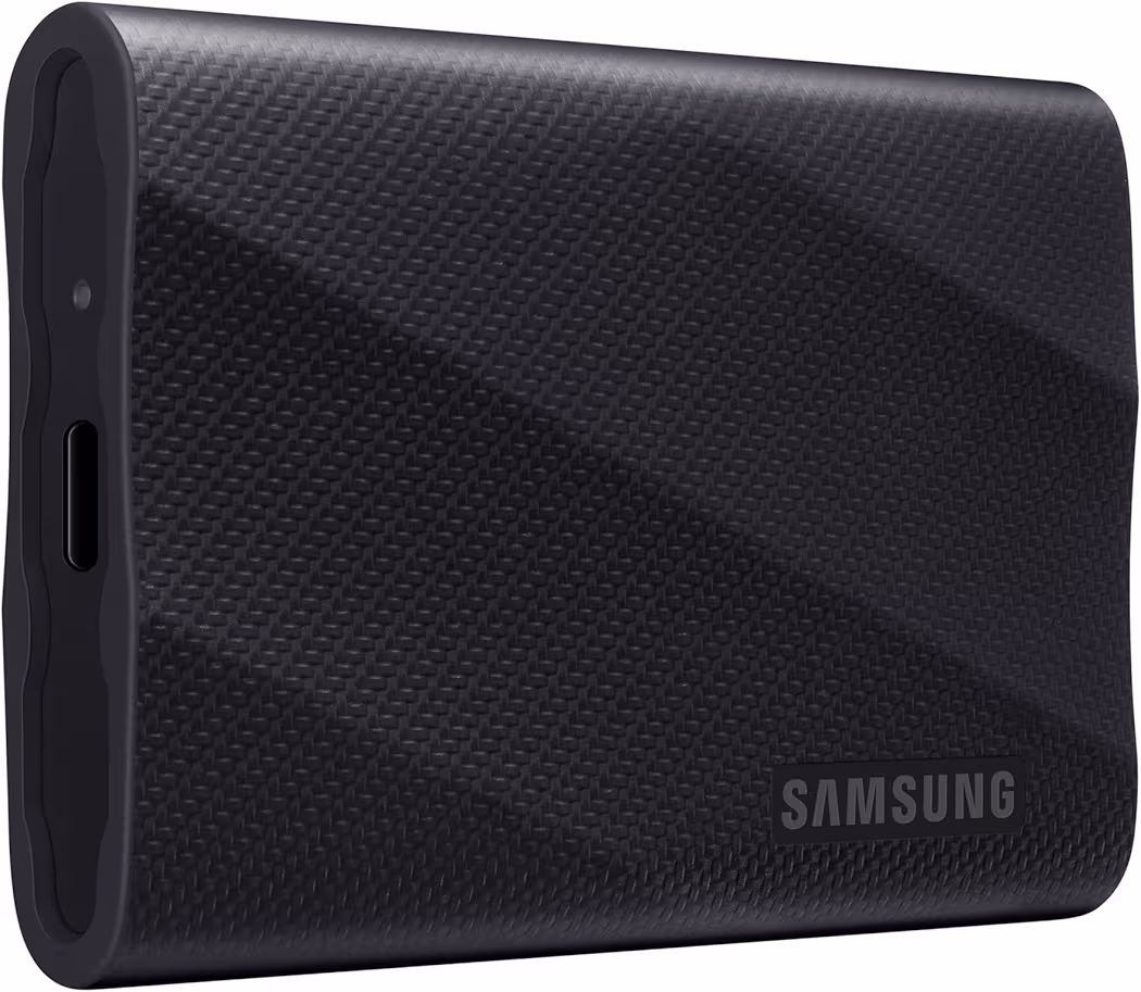 Samsung T9 portable SSD connected to a USB-C device for high-speed file transfers