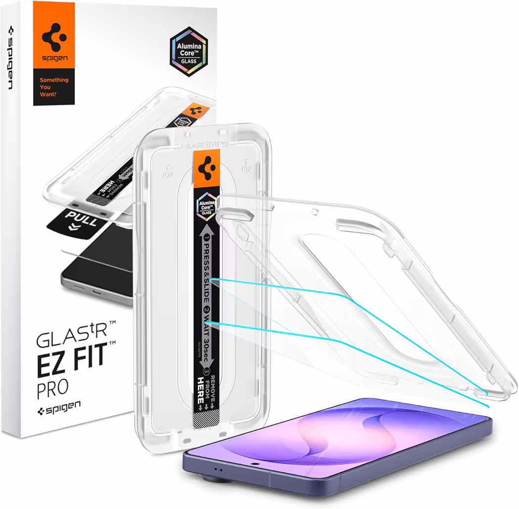 Spigen AluminaCore tempered glass screen protector installed on Galaxy S26 Ultra display