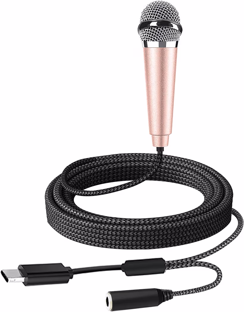 RICHUPON USB-C mini microphone attached to Galaxy S26 Ultra for portable audio recording