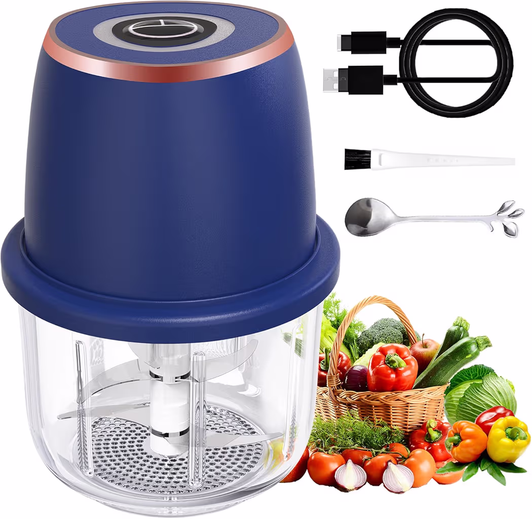 Glass bowl electric garlic chopper preparing herbs and garlic