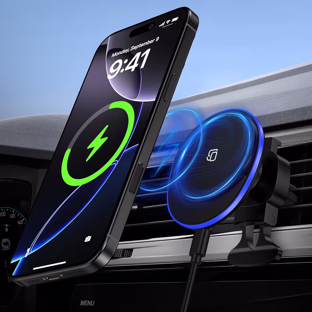 Wireless magnetic car mount charger holding Galaxy S26 Ultra