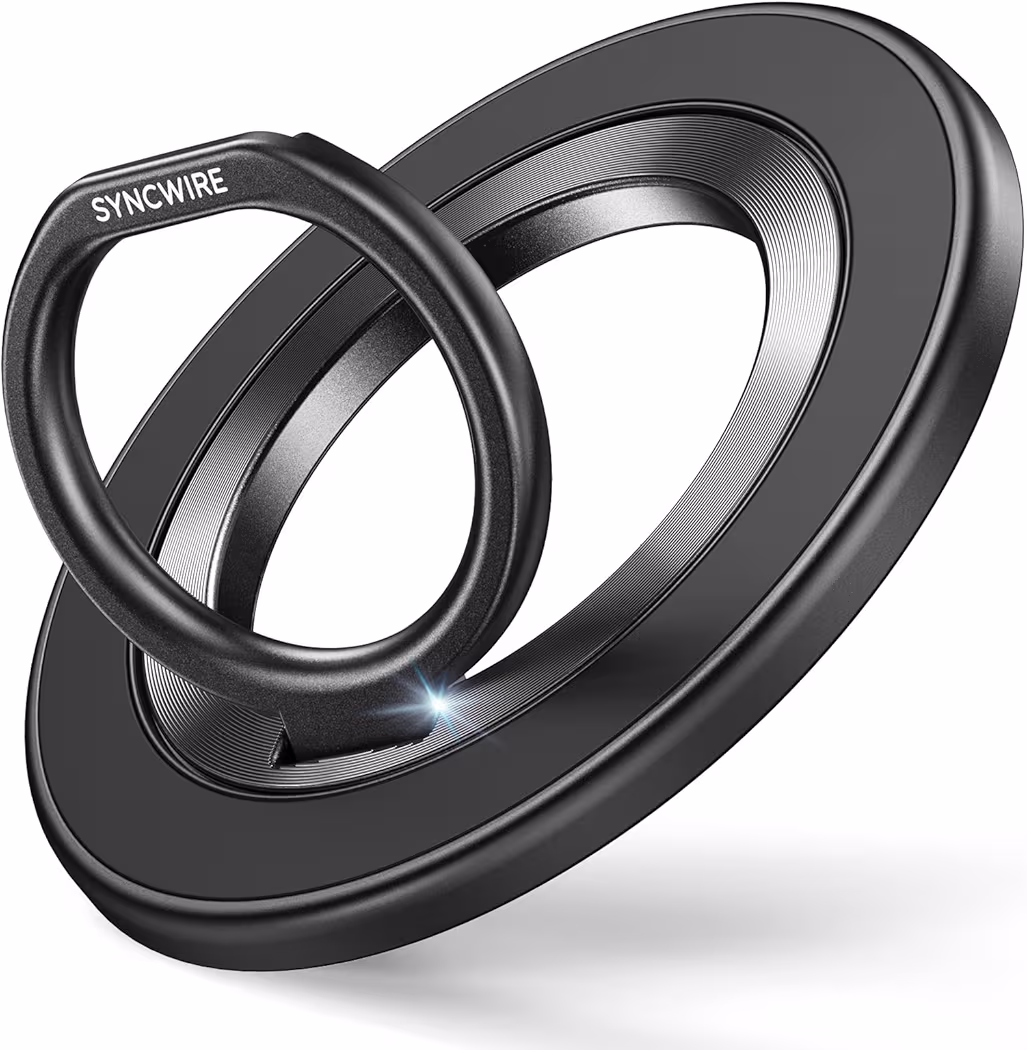 SYNCWIRE Magnetic Ring Holder used as a kickstand on iPhone 17 Pro Max