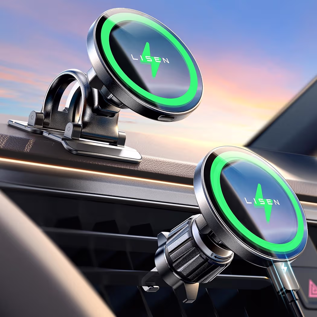 LISEN 15W MagSafe car charger mounted inside a vehicle with iPhone 17 Pro Max attached