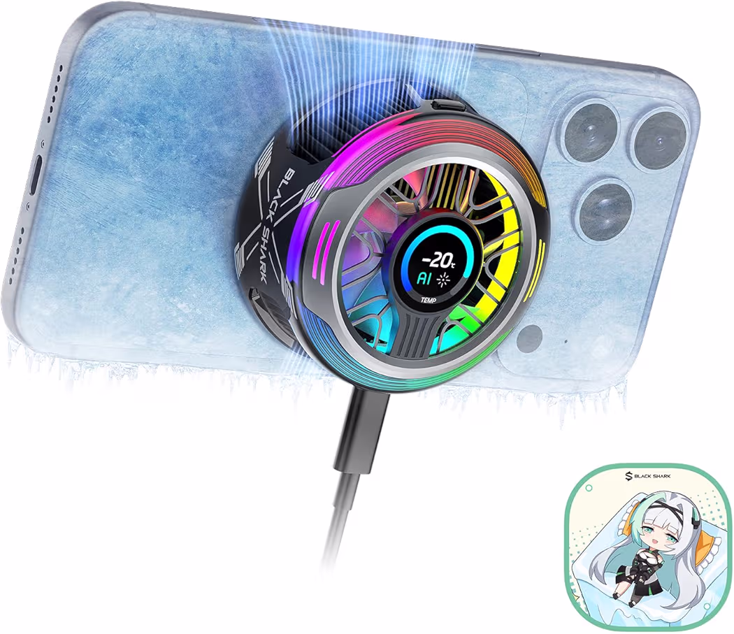 Black Shark Magnetic Phone Cooler 6 Pro attached to a Galaxy S26 Ultra during a gaming session