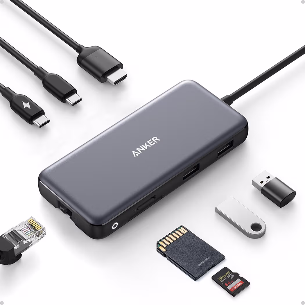Anker 8-in-1 USB-C hub connected to Galaxy S26 Ultra with external monitor and SSD