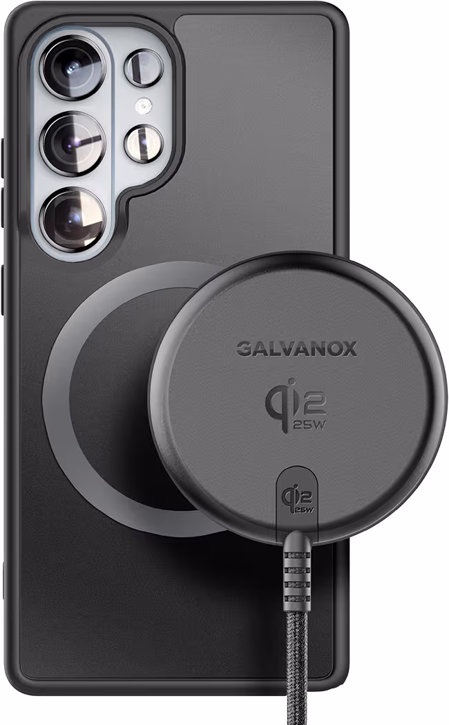 Galvanox magnetic wireless charger charging Galaxy S26 Ultra with magnetic alignment