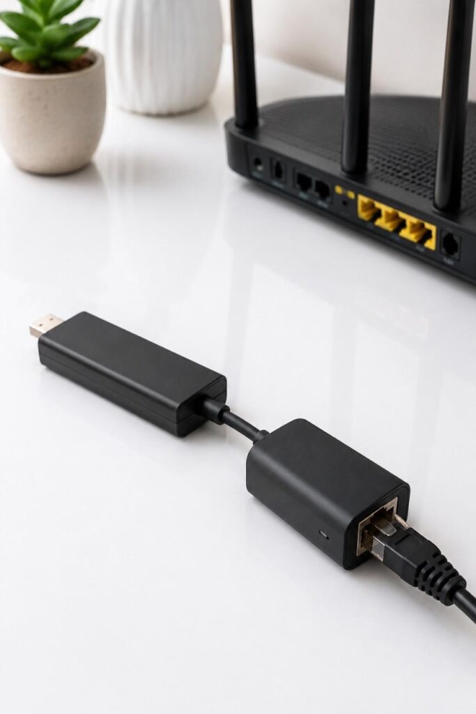Ethernet adapter connected to a streaming stick for a stable wired internet connection
