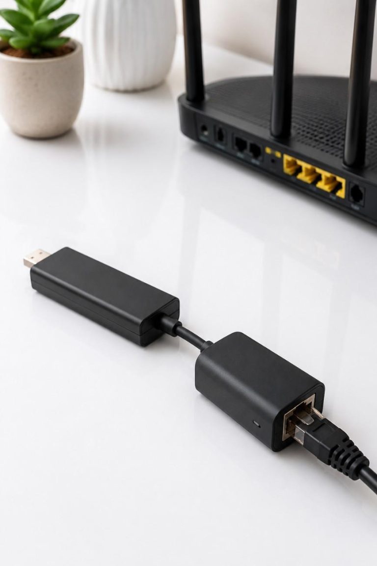 Ethernet adapter connected to a streaming stick for a stable wired internet connection