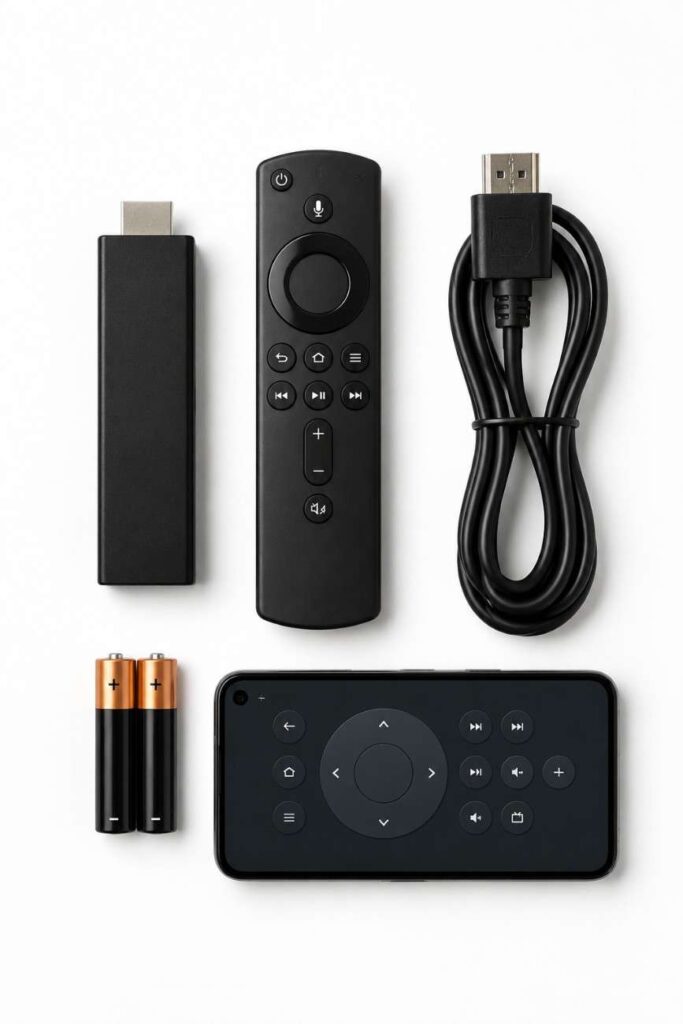 Items needed before pairing a Fire TV Stick remote including batteries and streaming device