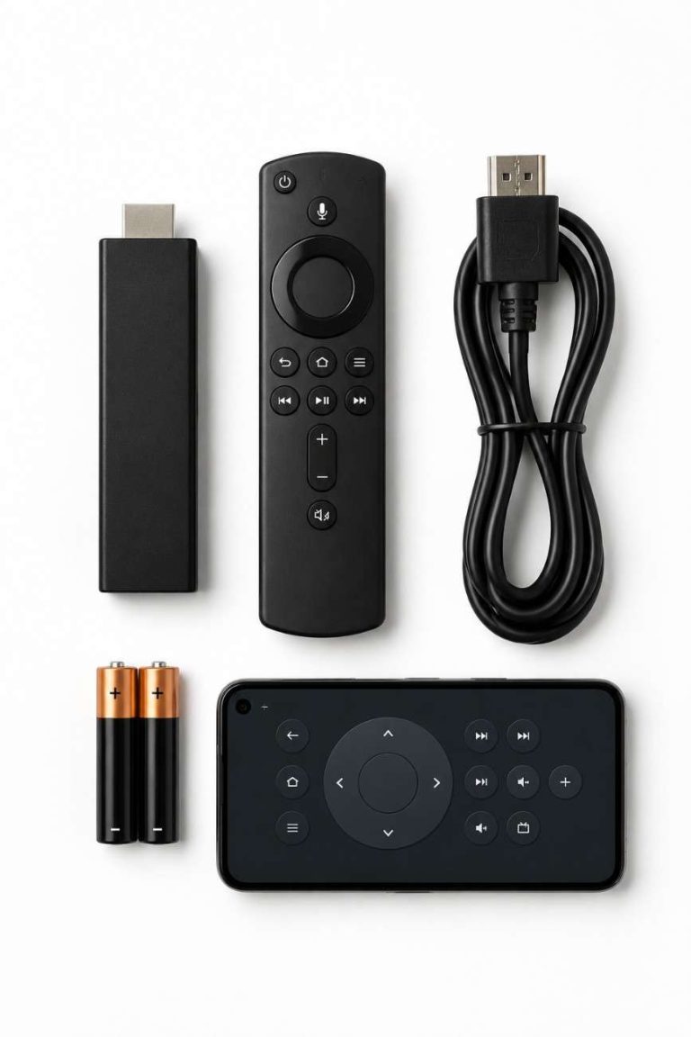 Items needed before pairing a Fire TV Stick remote including batteries and streaming device