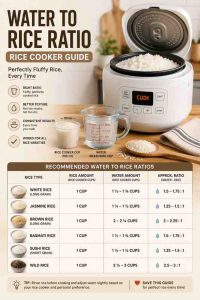 Water to rice ratio rice cooker infographic showing fluffy cooked rice, measuring cup, water pitcher, and labeled ratios for popular rice varieties.
