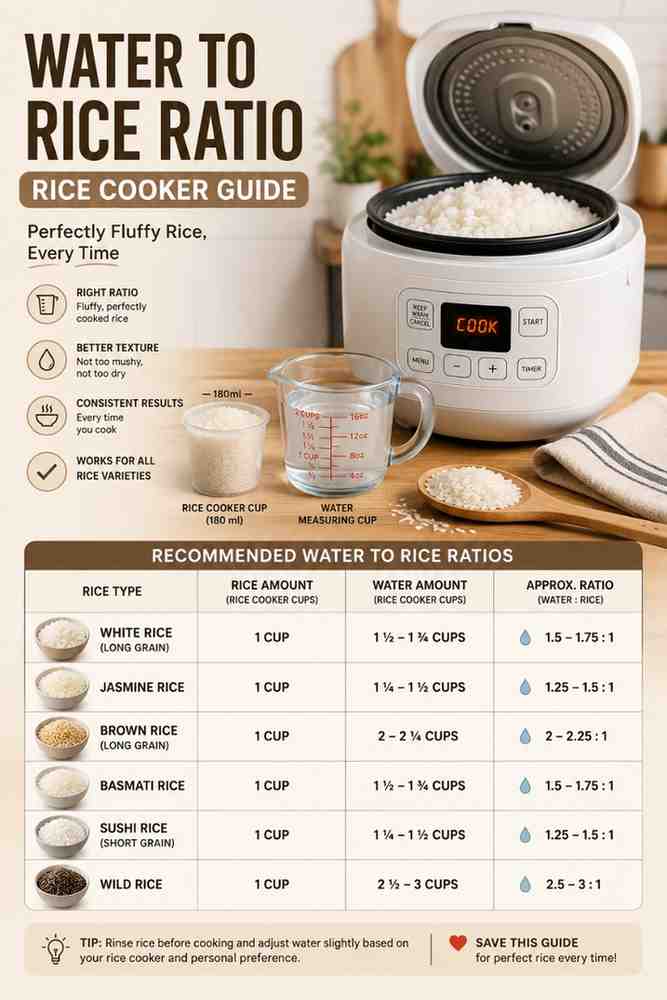 Water to rice ratio rice cooker infographic showing fluffy cooked rice, measuring cup, water pitcher, and labeled ratios for popular rice varieties.