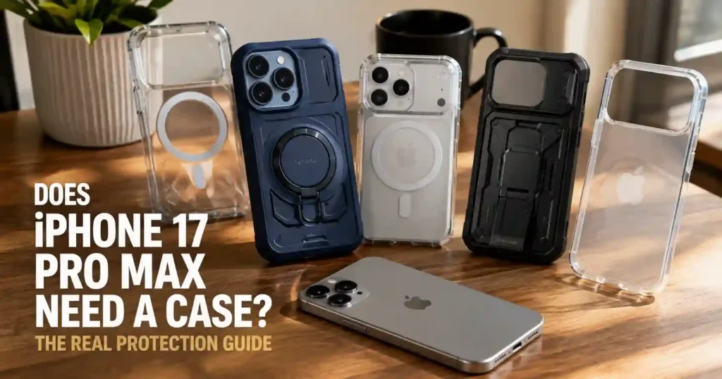 A realistic product photography scene featuring an iPhone 17 Pro Max alongside several protective cases, including clear, magnetic, and rugged designs. The image illustrates the protection and grip benefits of using a case while highlighting the question of whether the iPhone 17 Pro Max needs a case.