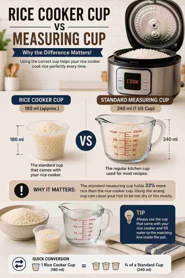 Comparison of a rice cooker measuring cup and a standard measuring cup beside uncooked rice and a digital rice cooker.