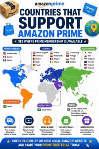 Countries where Amazon Prime Free Trial is available worldwide highlighted on a global map