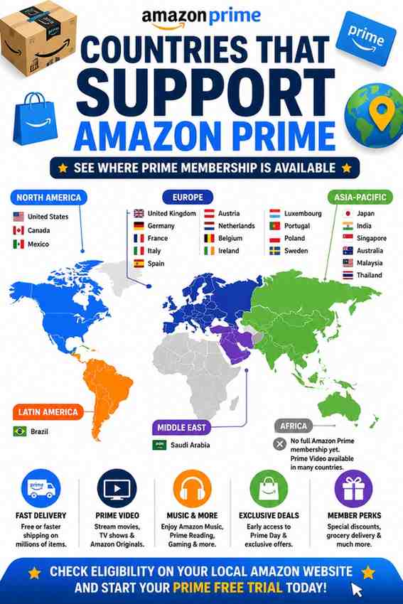 Countries where Amazon Prime Free Trial is available worldwide highlighted on a global map