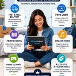 Text Illustration showing Amazon Prime Student benefits including Prime Video, Prime Reading, Amazon Music, Prime Gaming, and free shipping.