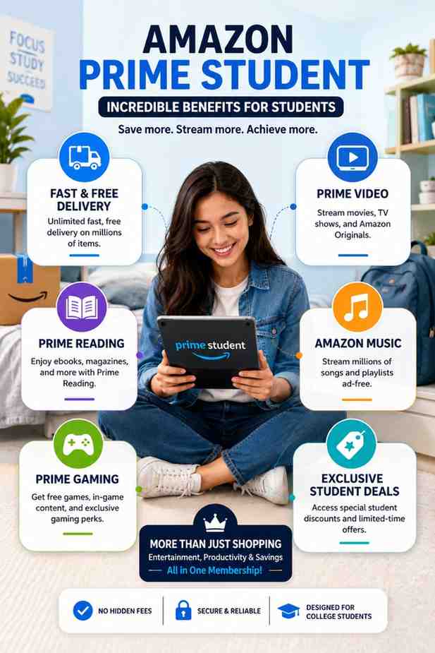 Text Illustration showing Amazon Prime Student benefits including Prime Video, Prime Reading, Amazon Music, Prime Gaming, and free shipping.