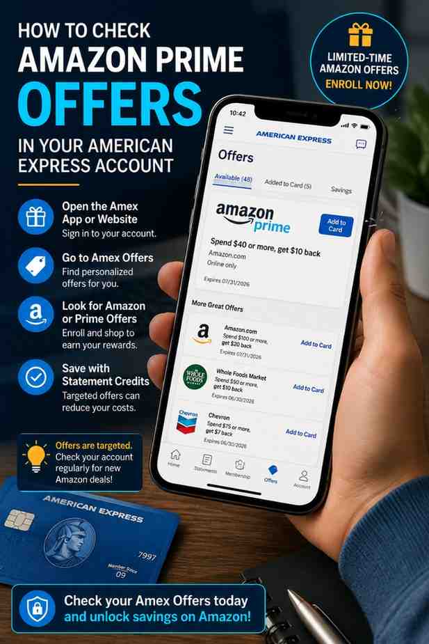 User checking Amazon Prime promotional offers in the American Express mobile app.