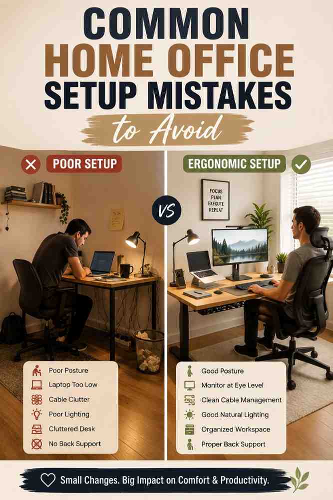 Comparison showing common home office setup mistakes beside a properly organized ergonomic workspace with correct monitor height, chair posture, cable management, and lighting.