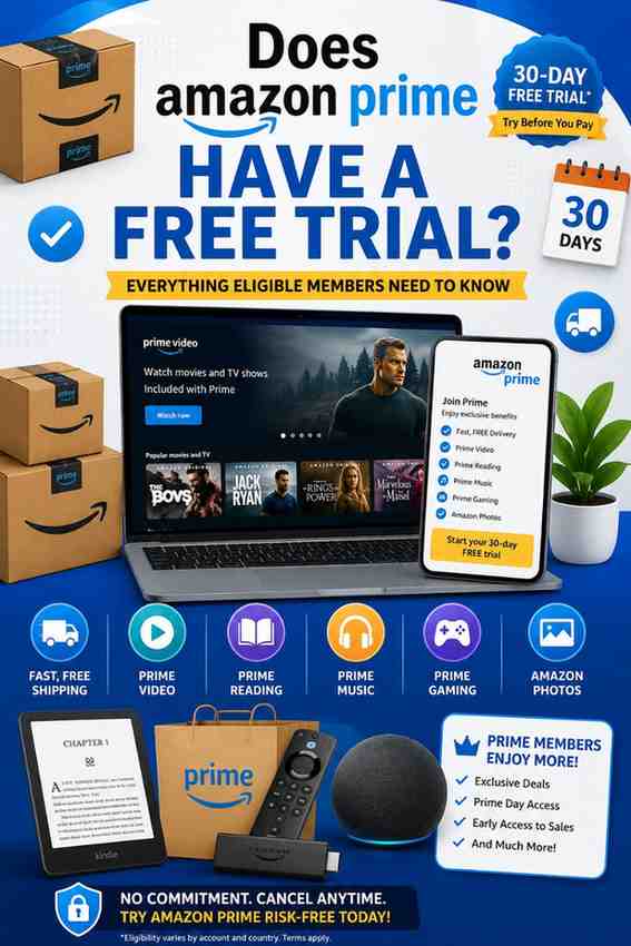 Pinterest infographic explaining whether Amazon Prime has a free trial, featuring Prime Video, fast shipping, Kindle, Fire TV Stick, Echo devices, and free trial membership benefits.