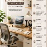 Minimalist home office essentials checklist for beginners featuring a desk, ergonomic chair, laptop, keyboard, mouse, lighting and workspace accessories.