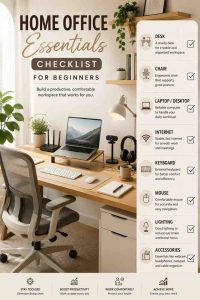 Minimalist home office essentials checklist for beginners featuring a desk, ergonomic chair, laptop, keyboard, mouse, lighting and workspace accessories.