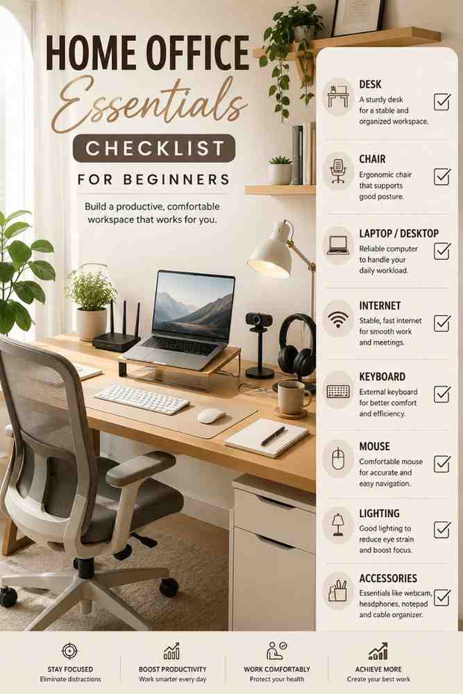 Minimalist home office essentials checklist for beginners featuring a desk, ergonomic chair, laptop, keyboard, mouse, lighting and workspace accessories.