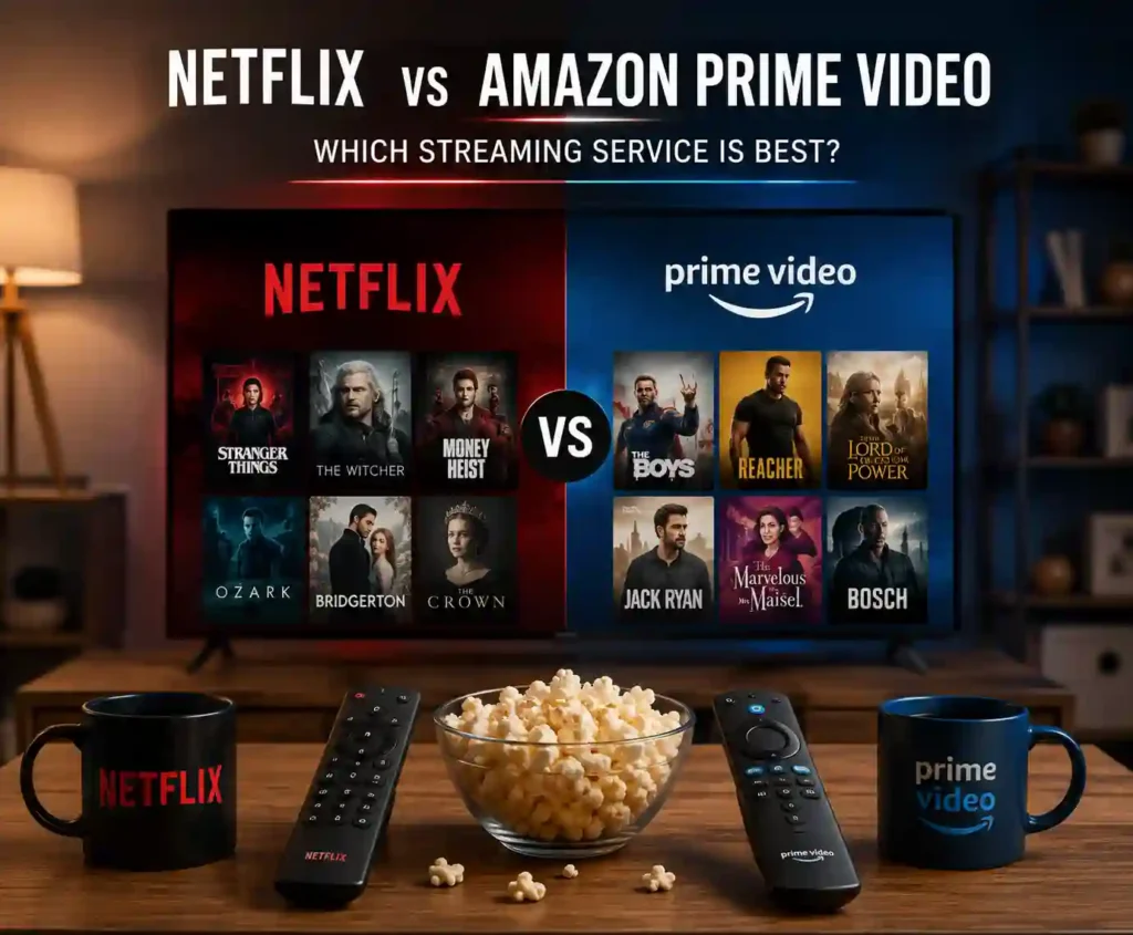 A realistic living-room streaming setup comparing Amazon Prime Video and Netflix on a television, with both services shown side by side to illustrate differences in content, viewing experience, and overall value.