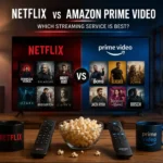 A realistic living-room streaming setup comparing Amazon Prime Video and Netflix on a television, with both services shown side by side to illustrate differences in content, viewing experience, and overall value.