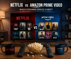 A realistic living-room streaming setup comparing Amazon Prime Video and Netflix on a television, with both services shown side by side to illustrate differences in content, viewing experience, and overall value.