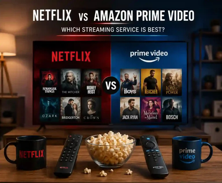A realistic living-room streaming setup comparing Amazon Prime Video and Netflix on a television, with both services shown side by side to illustrate differences in content, viewing experience, and overall value.