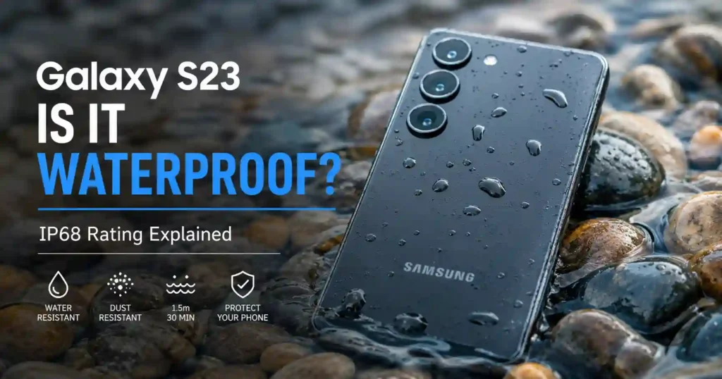 Galaxy S23 Is It Waterproof? Samsung Galaxy S23 with water droplets in shallow water showing IP68 water resistance