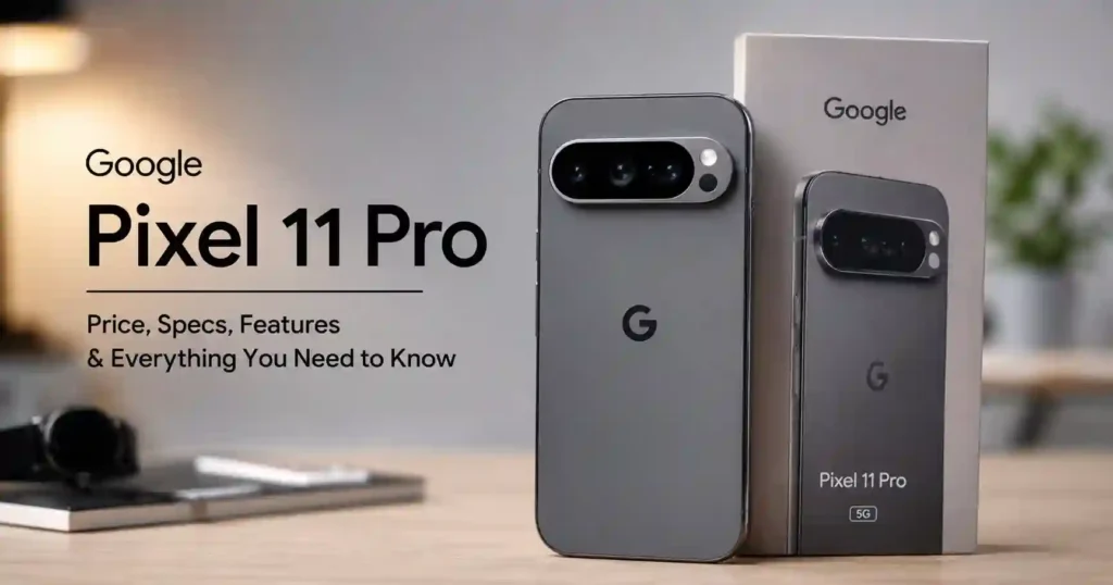 A high-resolution product-style photograph of the Google Pixel 11 Pro beside its retail box on a modern wooden desk, showing the rear design, camera system, and Pixel branding. The image also includes text highlighting the Google Pixel 11 Pro price, specifications, and features.
