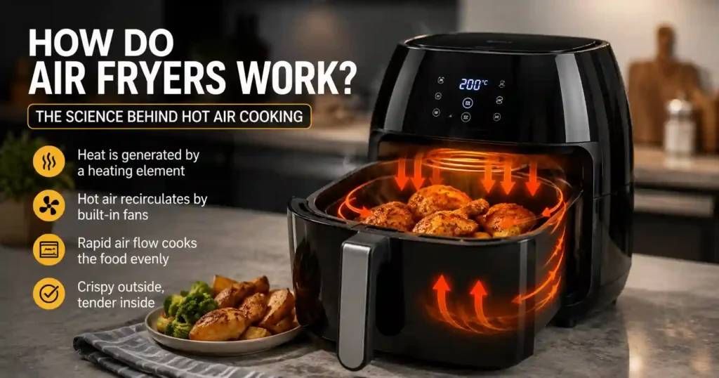 A high-resolution air fryer in a kitchen with its basket open and food cooking inside. The image illustrates how air fryers work by showing the heating element, rapid hot-air circulation, and airflow around the food that helps create a crispy exterior.