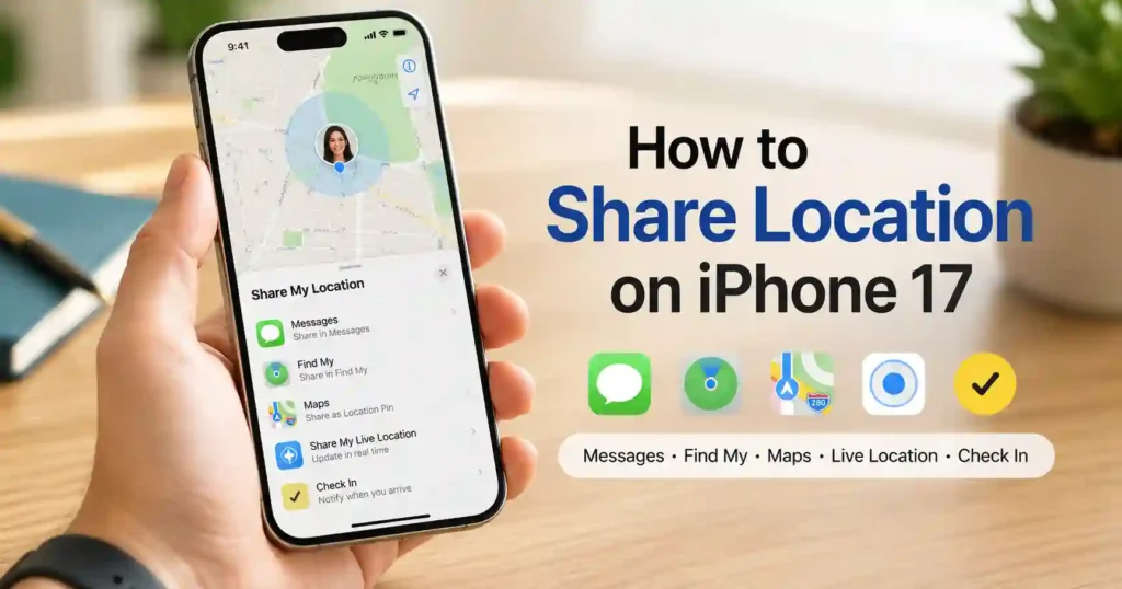 A high-resolution iPhone 17 location-sharing guide image showing a hand holding an iPhone with a map and location-sharing options. The image highlights Messages, Find My, Maps, Live Location, and Check In as ways to share location on iPhone 17.