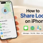 A high-resolution iPhone 17 location-sharing guide image showing a hand holding an iPhone with a map and location-sharing options. The image highlights Messages, Find My, Maps, Live Location, and Check In as ways to share location on iPhone 17.