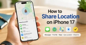 A high-resolution iPhone 17 location-sharing guide image showing a hand holding an iPhone with a map and location-sharing options. The image highlights Messages, Find My, Maps, Live Location, and Check In as ways to share location on iPhone 17.