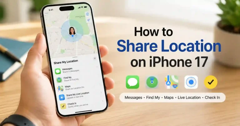 A high-resolution iPhone 17 location-sharing guide image showing a hand holding an iPhone with a map and location-sharing options. The image highlights Messages, Find My, Maps, Live Location, and Check In as ways to share location on iPhone 17.
