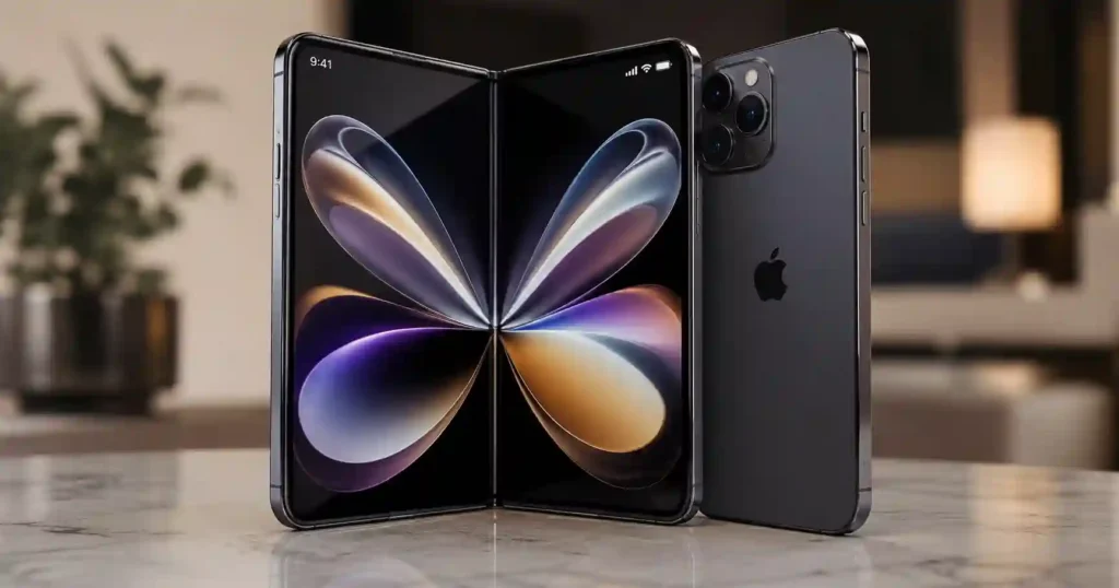 iPhone Ultra rumored foldable iPhone shown open beside a premium iPhone-style smartphone