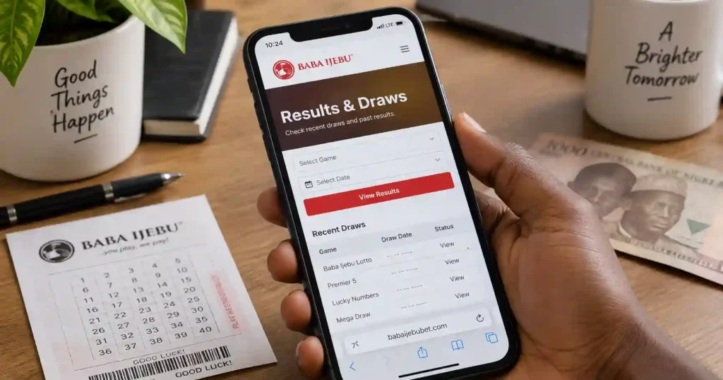 A realistic close-up photo of a person holding a smartphone displaying the Baba Ijebu Results & Draws page, including game and date selection fields, a View Results button, and a Recent Draws section. A Baba Ijebu betting slip, pen, books, potted plant, Nigerian naira notes, and coffee mugs sit on the wooden desk in the background.
