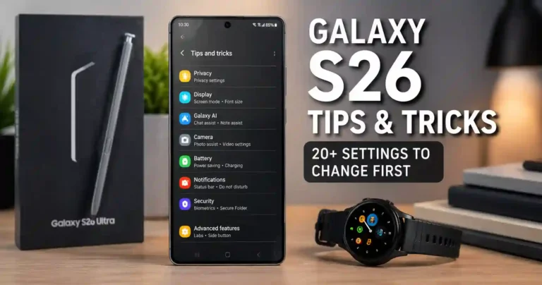 Galaxy S26 tips and tricks with a Samsung Galaxy S26 Ultra showing privacy, display, AI, camera, and battery settings