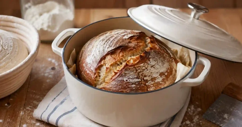 Sourdough bread baking inside a Dutch oven