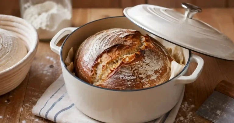 Sourdough bread baking inside a Dutch oven